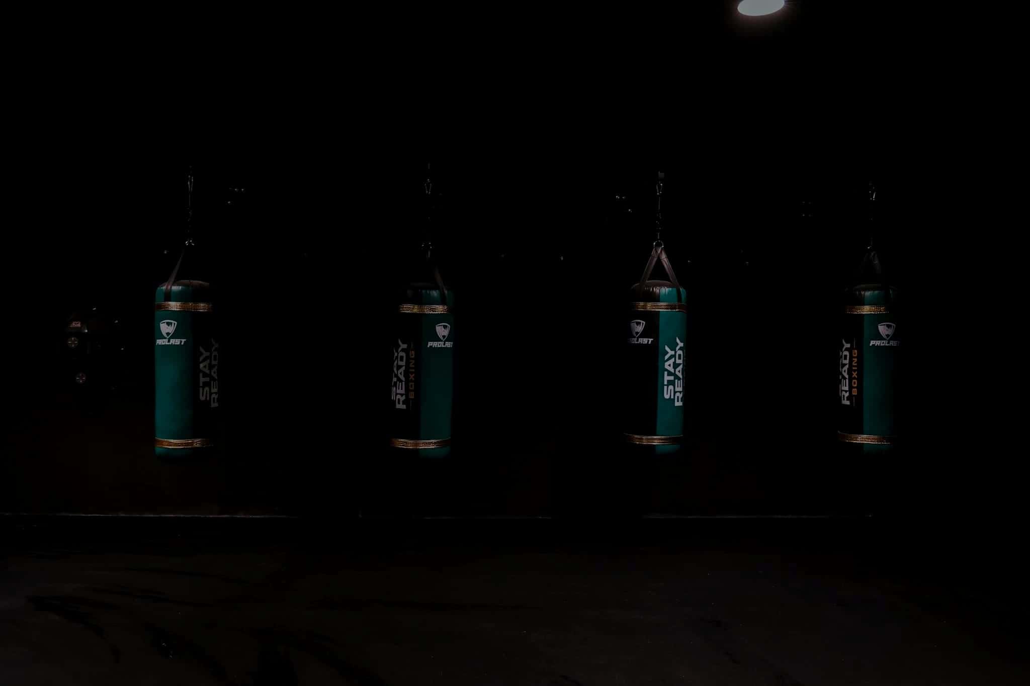 Four Stay Ready Boxing Gym heavy bags hanging in a row under a single overhead light in an otherwise dark training room.