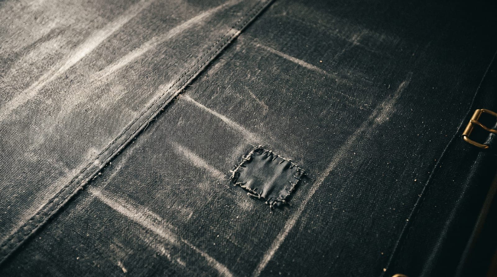 Overhead detail of a worn black boxing ring canvas showing scuff marks, a diagonal seam and dust caught in the weave.